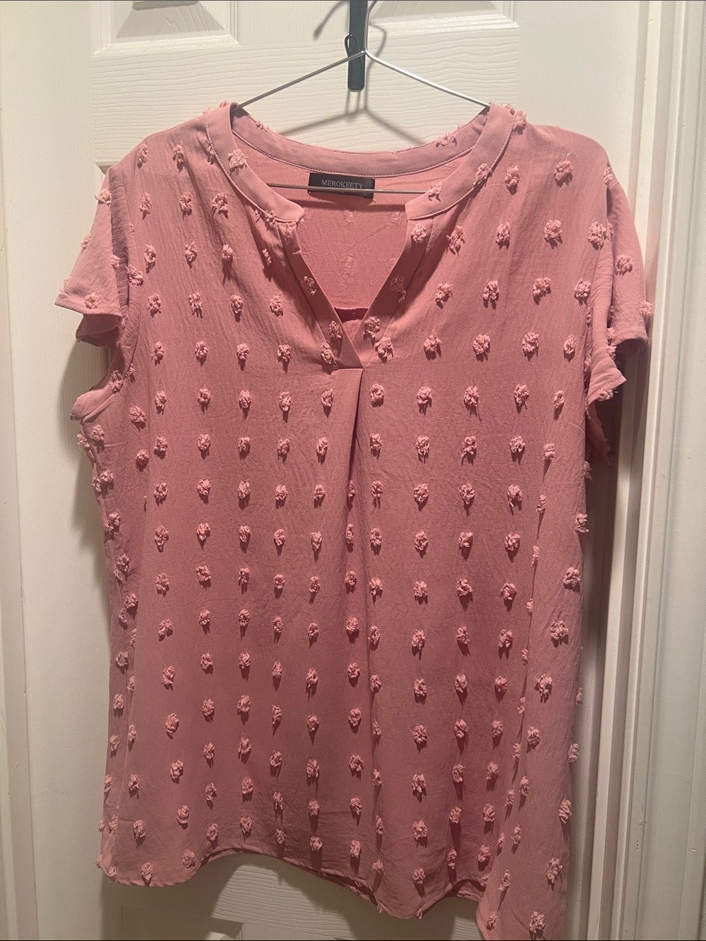 Tiktok Merokeety Pink Short-Sleeve Textured Notch-Neck Blouse